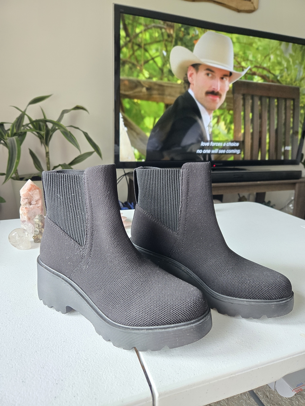 Women's Black Knit Platform Chelsea Booties